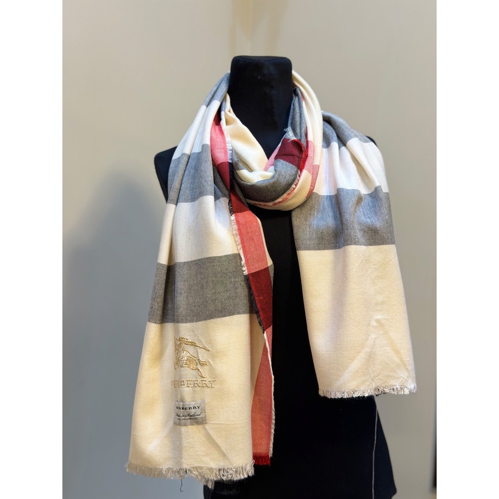 Burberry 100% Cashmere Scarf Made in Scotland Giant Check Cream Black Red Wrap